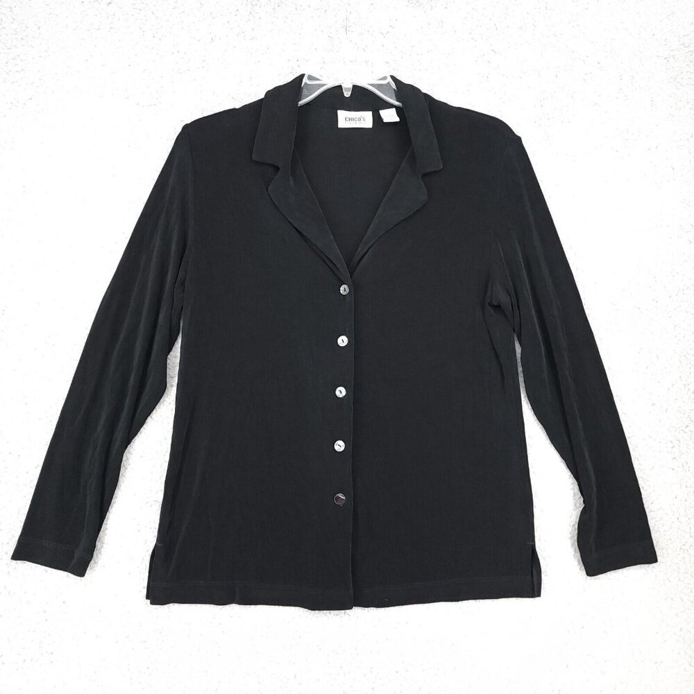 CHICO'S TRAVELERS Black Button Down Shirt Blouse Top Size 1